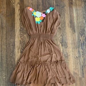 Milly Brown Floral Appliqué Waist Smocked Dress- 100% Silk